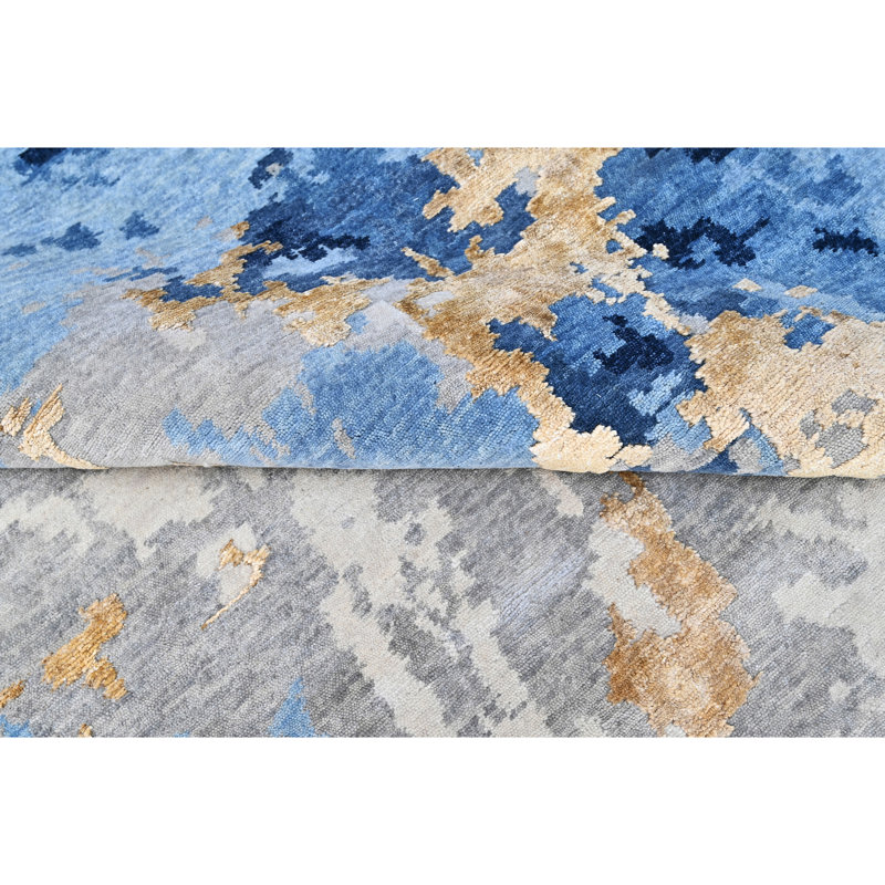 Hand Knotted Abstract Area Rug in Blue/Gold/Red/Gray, Rectangle 12' x 15'
