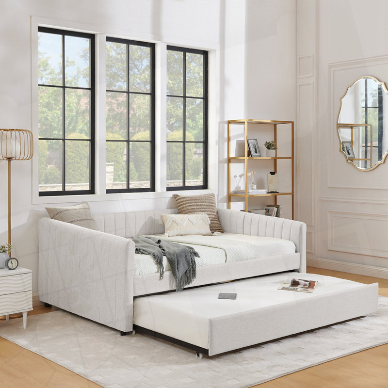 Vertical Stripe Daybed with Trundle, Beige, Full