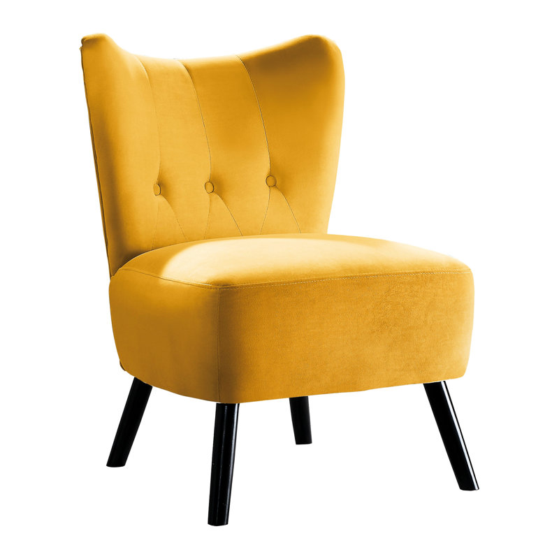 Chaise rembourrée en velours jaune avec repose-pieds teint en bois brun, Jaune