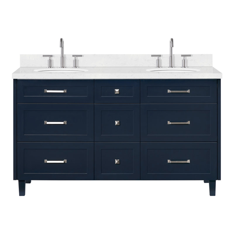 ARIEL Monroe 72 Double Sink Bathroom Vanity with Carrara Quartz Top, Midnight Blue, 60" - 61", Carrara White Quartz