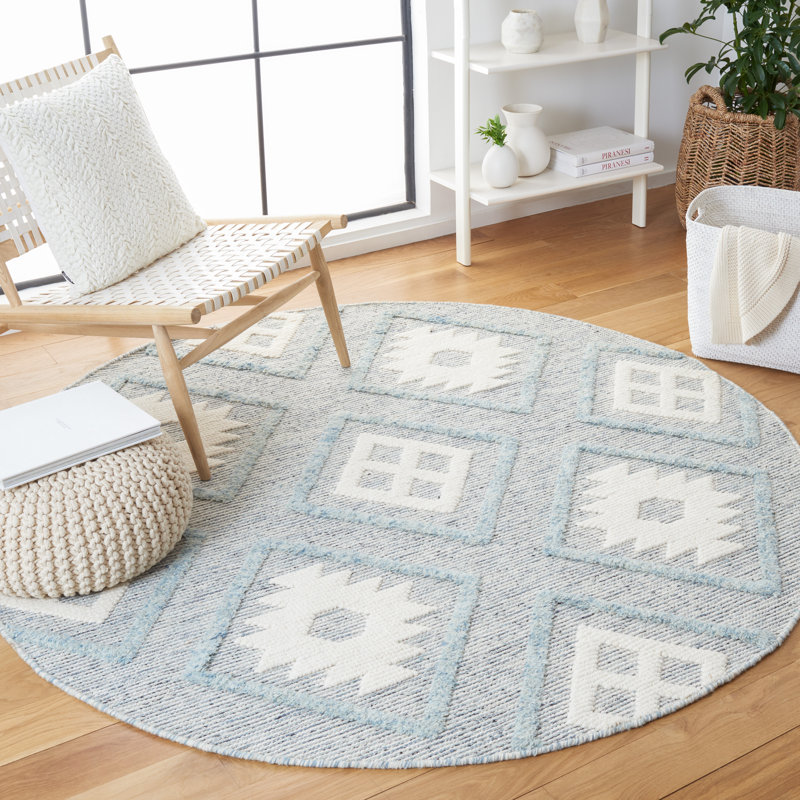 Tapis de style sud-ouest en laine et coton tissé à la main Vermont en ivoire / bleu, Rond 6 pi