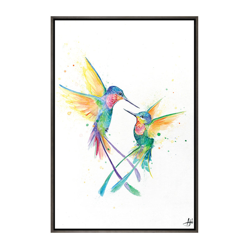 Décoration murale joyeux colibris pour enfants, H 60 po x l 40po x P 1,5 po, Toile avec cadre gris foncé rustique