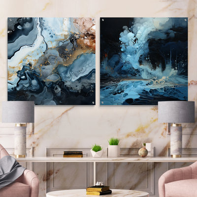 Volcano encre noire et bleue - formes abstraites en acrylique, ensemble de 2 verres