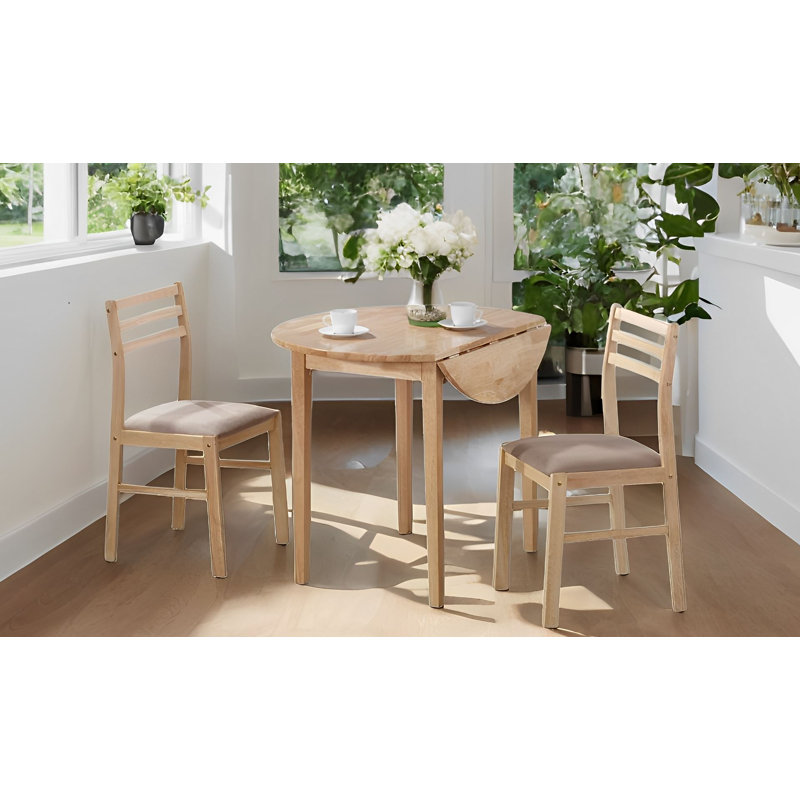 3 Piece Drop Leaf Round Dining Table And Ladder Back Chairs Set In Natural