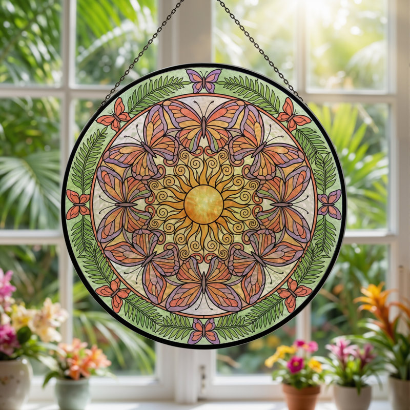 Panneau de vitrail papillon en verre teinté Mandala - H 7,8 po, H 7,8 po