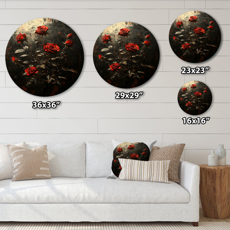 Josien - Roses, décoration murale ronde en métal, reproduction d'art moderne en métal rouge, H 36 po x l 36 po