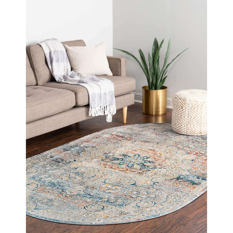 Tapis oriental bleu / crème / rouge Alize, Ovale 7 pi 10 po x 10 pi 2 po