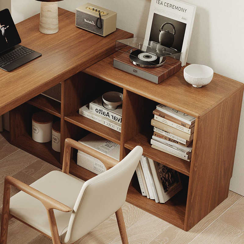 Bureau en bois massif en forme de L noyer clair, 29.53"H×86.61"L×21.65"W