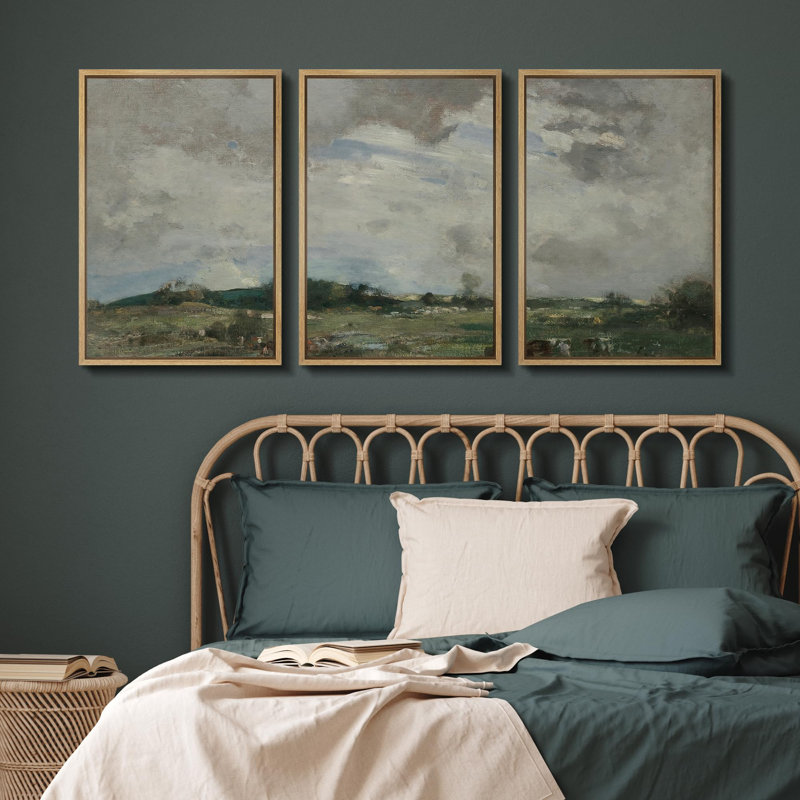 Rural Landscape " Countryside Serenity Impressionistic Rural Landscape Illustration Modern Decor Relax Calm Chic " 3 - Pieces