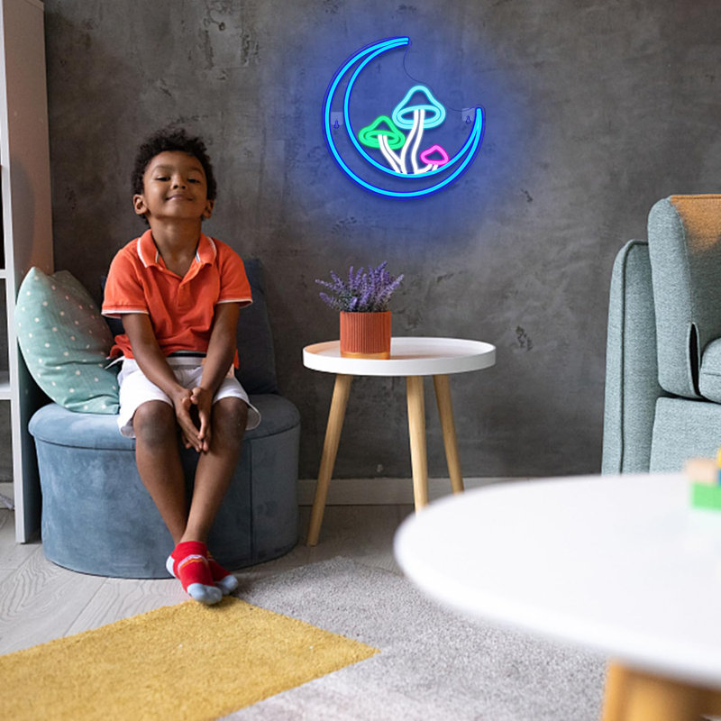 Lune, champignon, enseigne au néon, bleu, néon, lumières pour décoration murale, champignon, enseignes lumineuses USB, enseignes à DEL pour salon