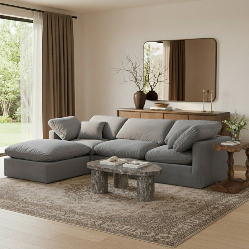 Itala Velvet L-Shaped Sectional Reversible, Grey Velvet