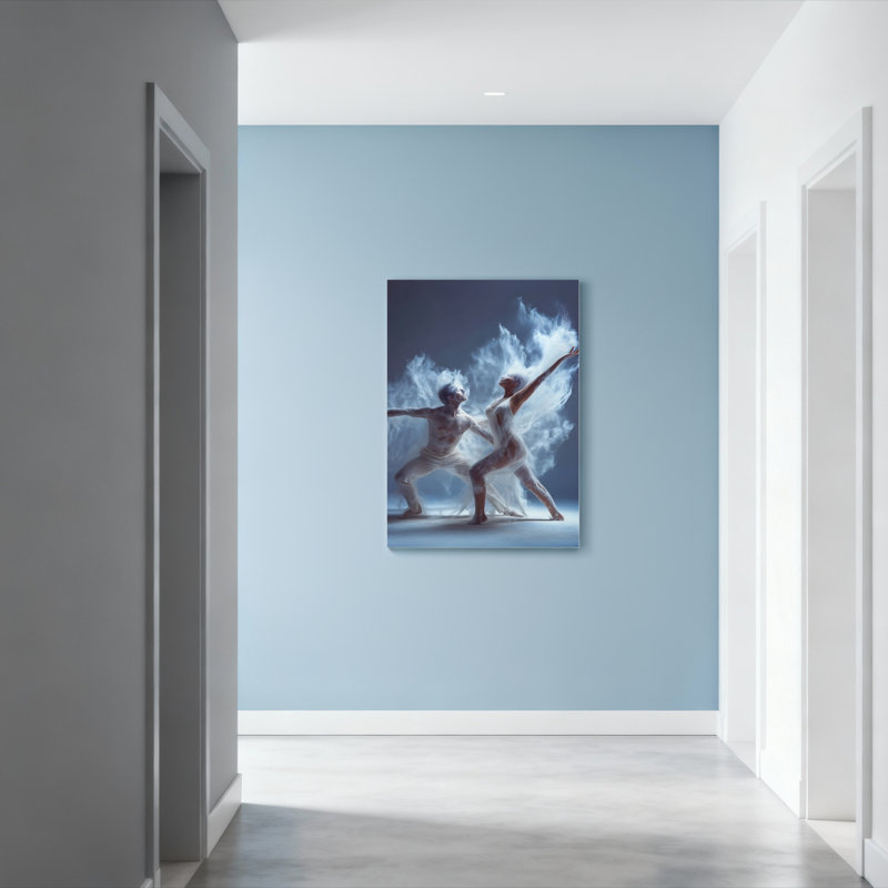 Ensemble de 1 tableau sur toile tendue représentant des danseuses de ballet en blanc avec effet de fumée, H 18 po x l 12 po