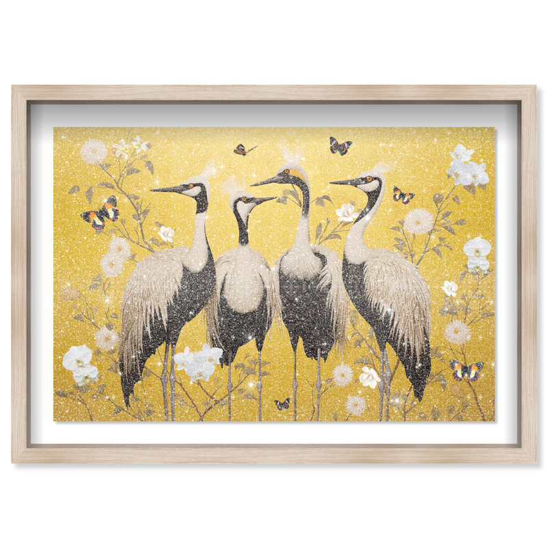 Yellow Crested Cranes Canvas Animals Print by Oliver Gal, 25.5"H x 37.5"W, Natural Oak Frame