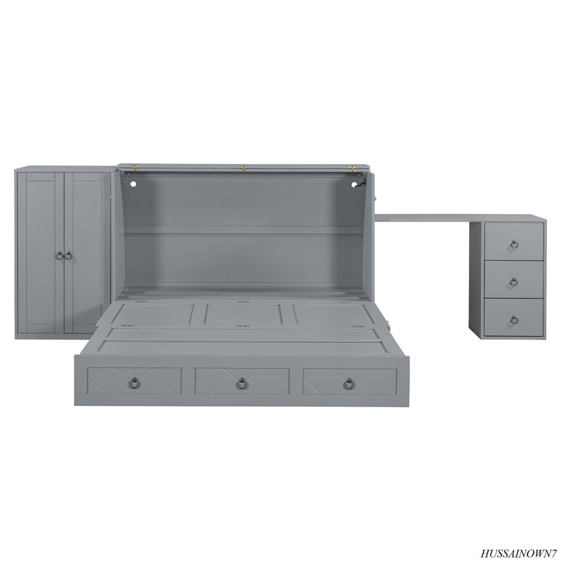 Murphy Bed With USB Port, Large Drawer, And Wardrobe/Desk Combo, Grey
