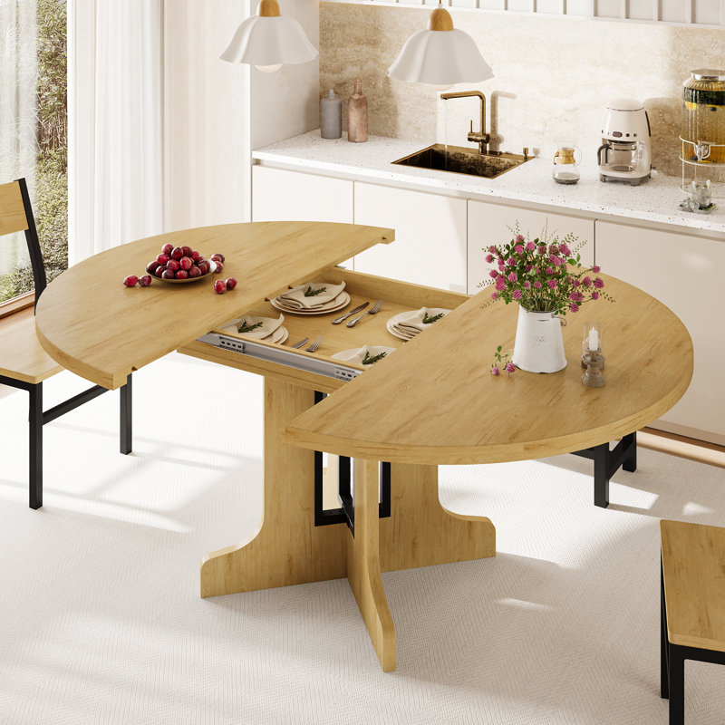 Einhomn 5-piece Round Dining Table Set For 4-6,59" Extendable Kitchen Table With 2 Ergonomic Chairs & 2 Benches,oval Modern Dining Room Table With Mdf Board For Small Space,easy Clean,oak