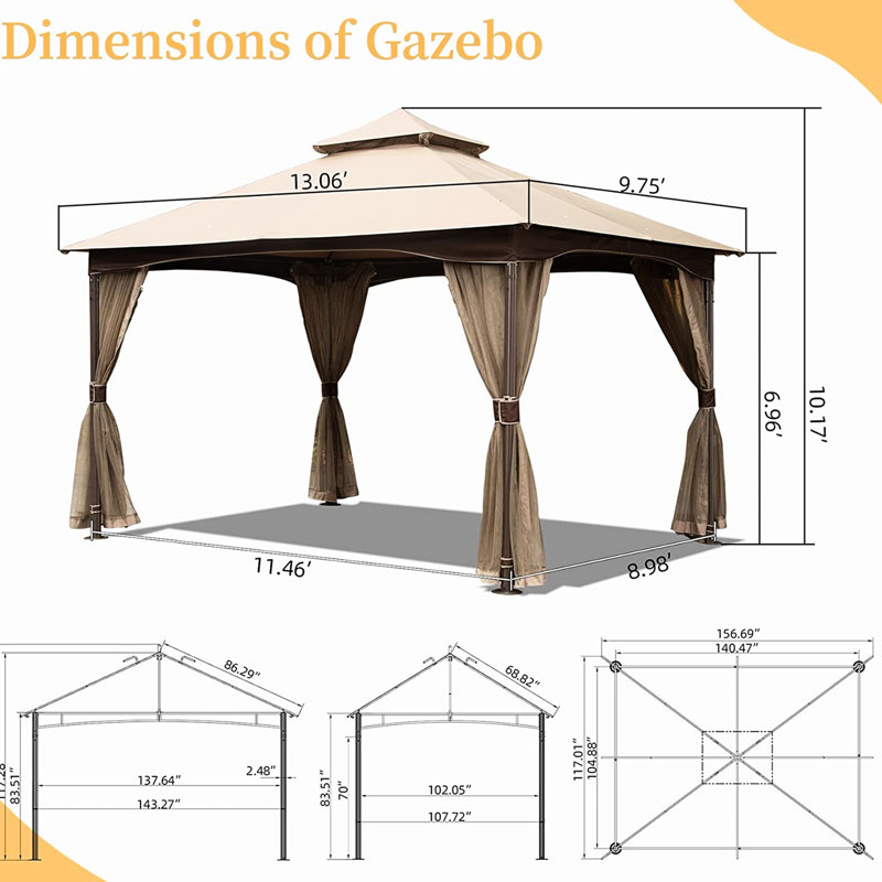 10'X13' Backyard Gazebo - Metal, Double Roof, Net, Waterproof, Stable, Khaki Canopy Tent For Patio Metal Construction, Blocking, Waterproof  Khaki
