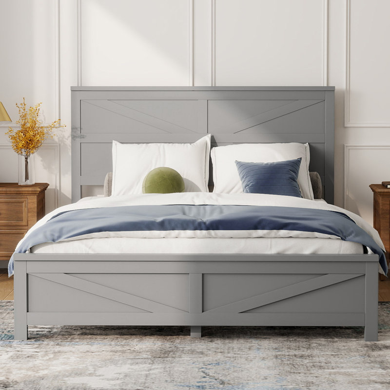 Queen Size Solid Pine Bed Frame With Barn Door Headboard & Under-bed Storage, Gray