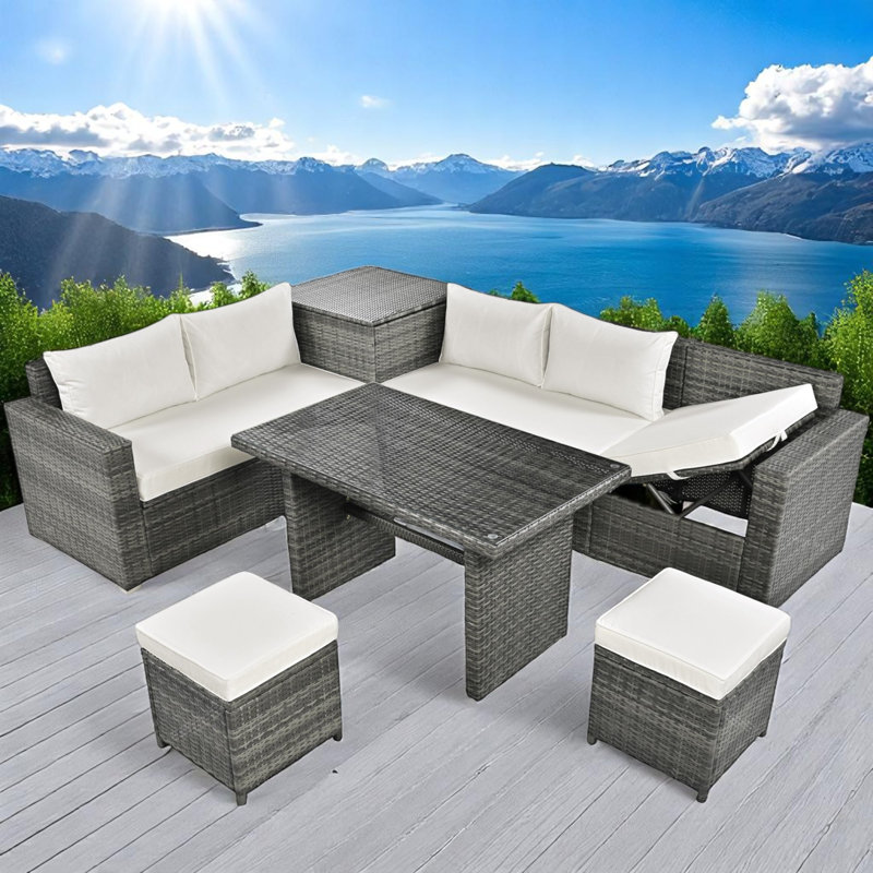 7 - Person Rattan Outdoor Dining Set, Beige, Gray