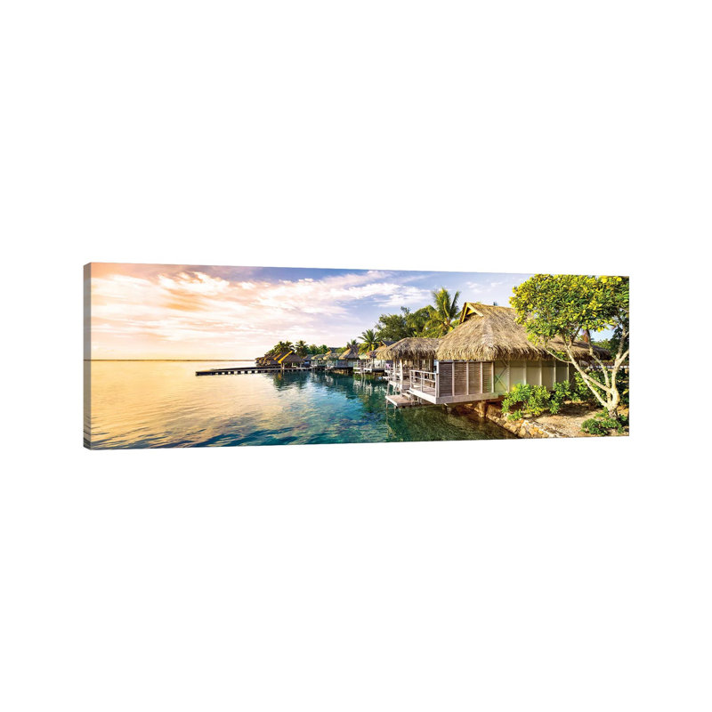 Overwater Villas At Sunset, Moorea Island, French Polynesia by Jan Becke - Wrapped Canvas Panoramic Print