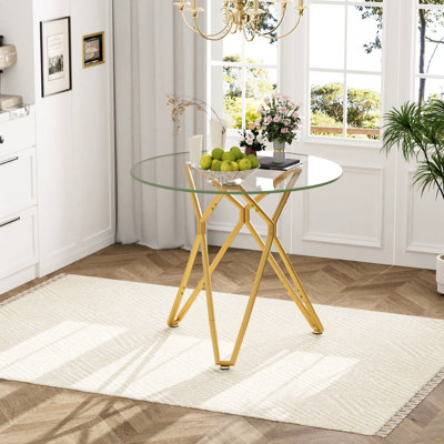 35.4-Inch Round Tempered Glass Dining Table, Suitable For 1-4 People, Space-Saving Small Kitchen Dining Table, Equipped With Sturdy Metal Table Legs, Suitable For Dining Room, Living Room,Gold