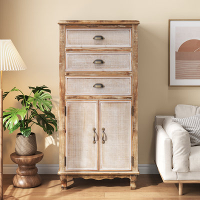 Armoire de rangement en bois avec porte découpée décorative et 3 tiroirs, grand organisateur étroit pour le salon, la chambre à coucher (bois naturel)