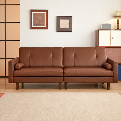 Analycia 86.6" Brown Tufted Leather Sofa With Solid Wooden Legs, Mid-century Modern Upholstered 3-seater Sectional Couch Retro Luxurious Loveseat With Round Pillow For Living Room Bedroom Office