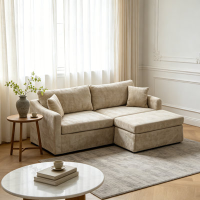 86.61" Wide Extra-large Double-seater Sofa, Chenille Upholstered, 43.7" Wide Chenille Ottoman With Metal Legs With Two Backrest Pillows, Suitable For Bedrooms, Living Rooms