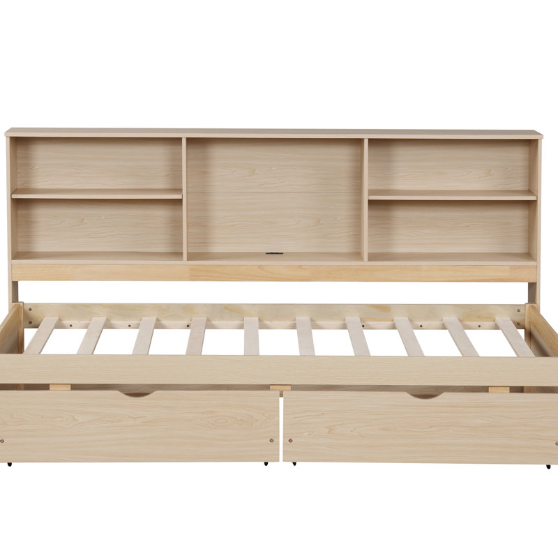 Twin Size Daybed with Built-In USB, 2 Storage Drawers & Side Bookshelves, Natural Platform Bed for Kids & Teens, Natural