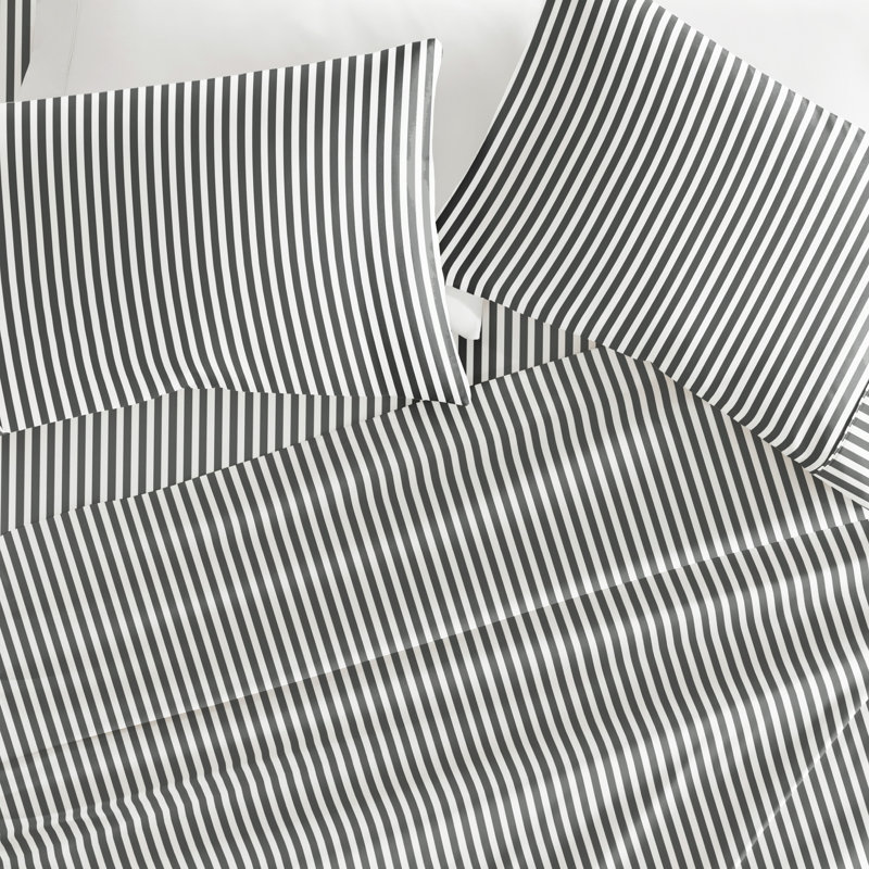 Simply Soft Stripe Ribbon Microfiber Sheet Set, Queen, Charcoal Gray/White