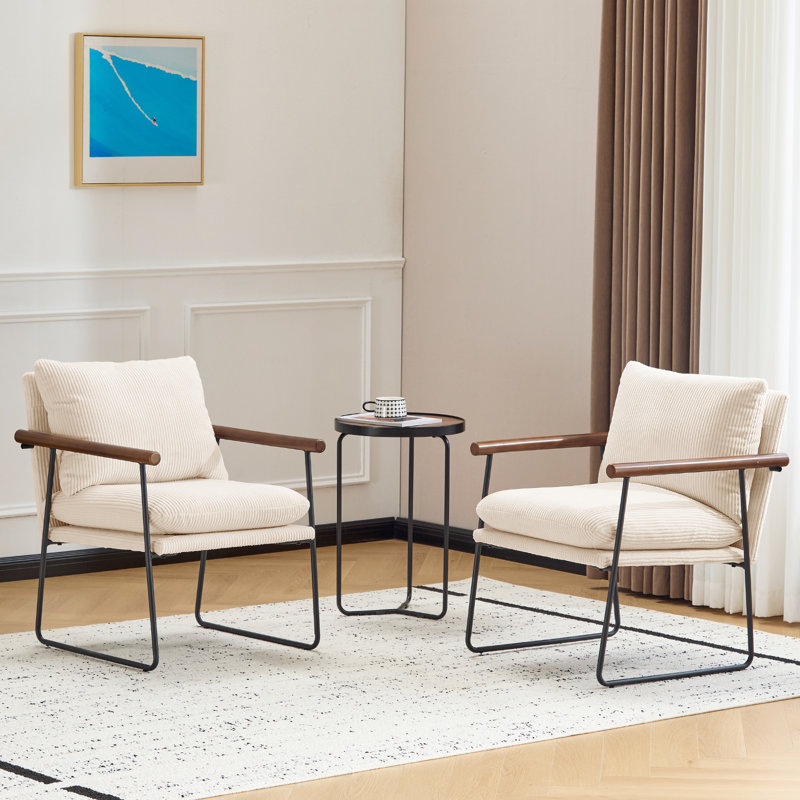 Modern Upholstered Armchair with Wood Armrests and Metal Frame, Accent Chair with Thick Cushion for Living Room or Bedroom