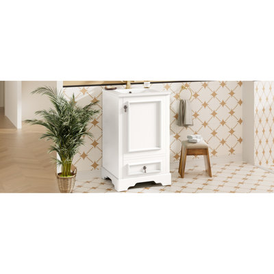 Meuble-lavabo de 20 pouces avec conception peu encombrante, structure en bois massif, lavabo en céramique, système de fermeture en douceur et compartiments organisés, meuble-lavabo de style moderne 20 po, tiroir à griffes, tablette réglable, cadre