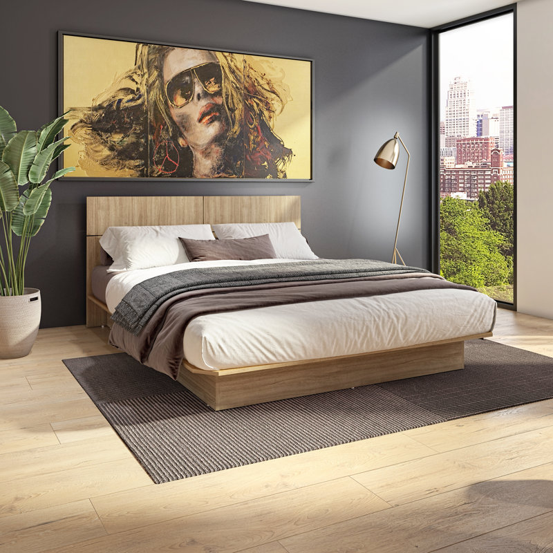ZEN ALPHA - Lit plateforme avec tête de lit - Assemblage facile, aucun sommier requis, Beige, Grand lit