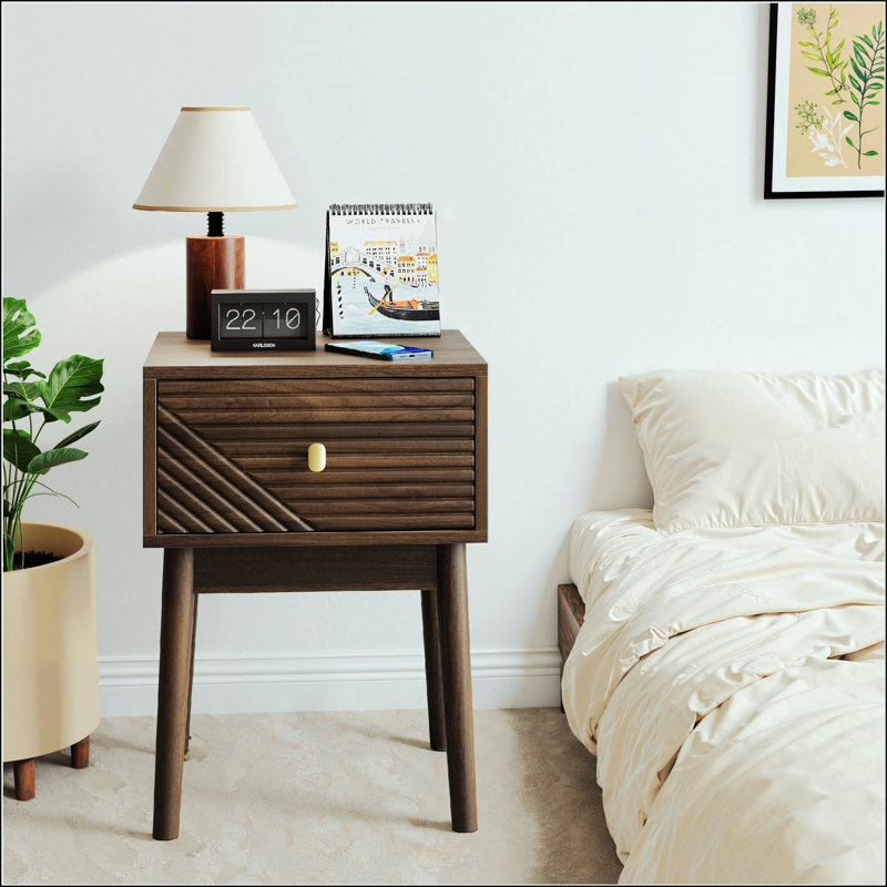 Medieval-Modern Style Walnut Bedside Table With Metal Handles, Perfect For Elegant And Functional Bedroom Decor