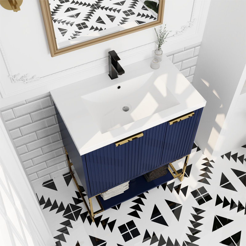 Millur 30'' Single Bathroom Vanity with Resin  Basin Top,2 Soft Close Doors and Open Shelf, Blue, Gold