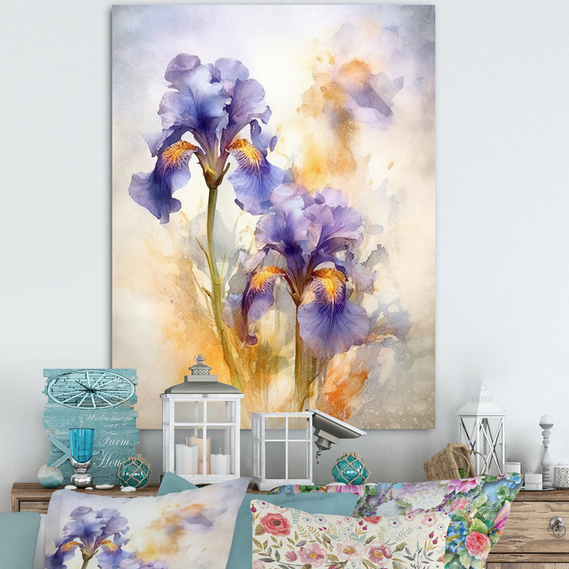 Impression mauve et jaune mauve d'iris sur toile, Toile tendue, H 32 po x l 24 po x P 1 po
