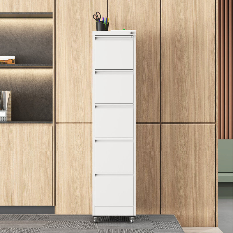 5 Drawer Metal Vertical File Cabinet On Wheels For Office Organization, Storage A4/Letter/Legal Size Files, White, 17.71"D*14.94"W*65.97"H, - Tilt Mechanism, Quiet Opening Feature, Easy To Move