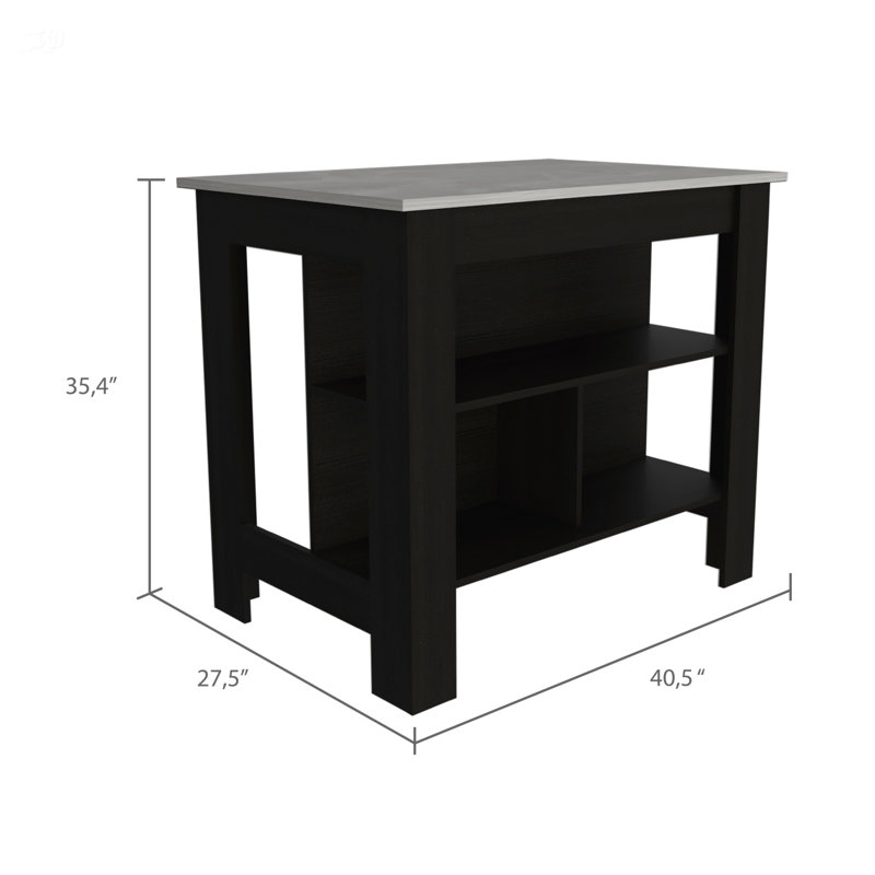 Cala 3-Shelf Wooden Kitchen Island, Black/Ibizar Marble