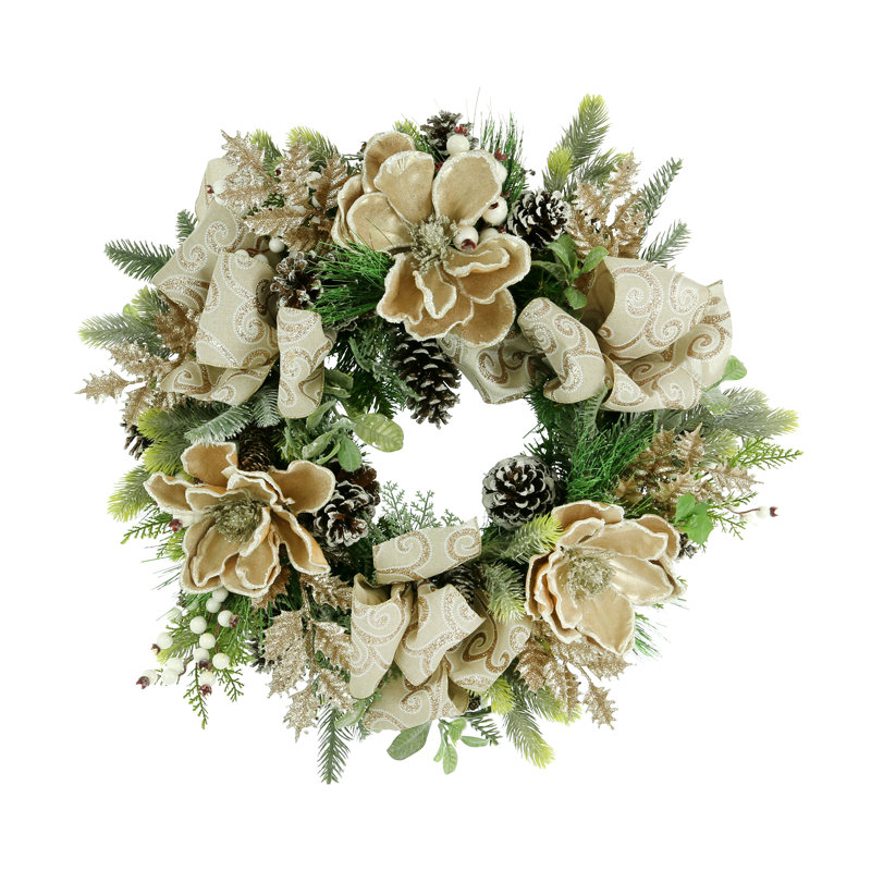 24" Holiday Magnolia Wreath With Bunches Of Pine, Berries And Bows