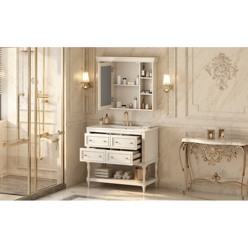 Meuble-lavabo de 36 po avec armoire à pharmacie, armoire à miroir moderne avec tablette réglable, armoire de rangement pour salle de bain à 4 tiroirs, armoire de rangement pour cadre de salle de bain en bois massif
