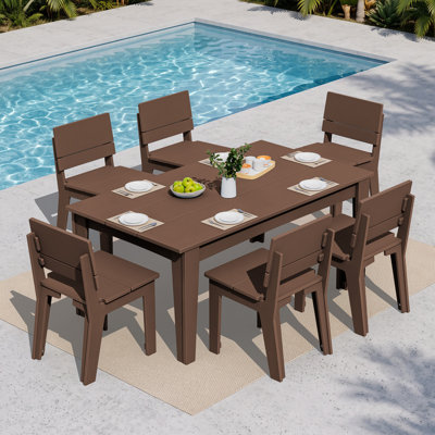Planta 7‑Piece HDPE Outdoor Patio Dining Set Rectangular Table with Umbrella Hole & 6 Armless Dining Chairs