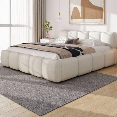 Cocoon Upholstered Platform Bed Frame, Boucle Fabric Headboard & Footboard, Block Style Grounded Design, No Box Spring Needed, Modern Bedroom Centerpiece (White)