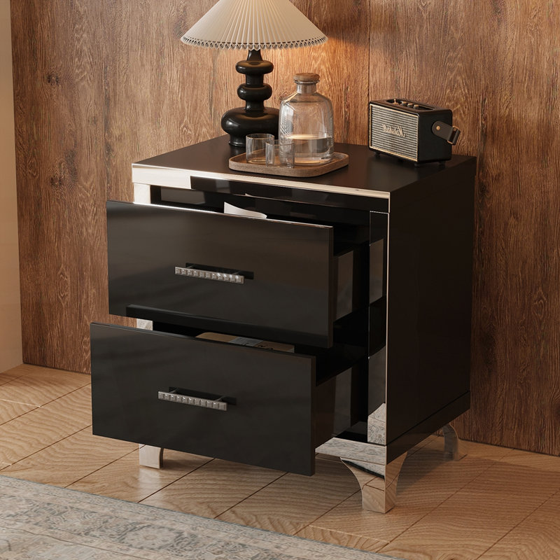 Table de chevet élégante à miroir avec 2 tiroirs, Noir