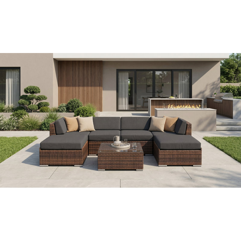 Ensemble de conversation en osier pour 4 personnes avec coussins Billyjo Wicker, Mélange de bruns, Sunbrella charbon
