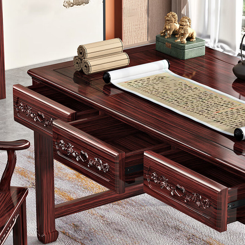Chinese-style Carved Design 3-drawer Desk, 29.92" H x 62.99" W x 27.55" D