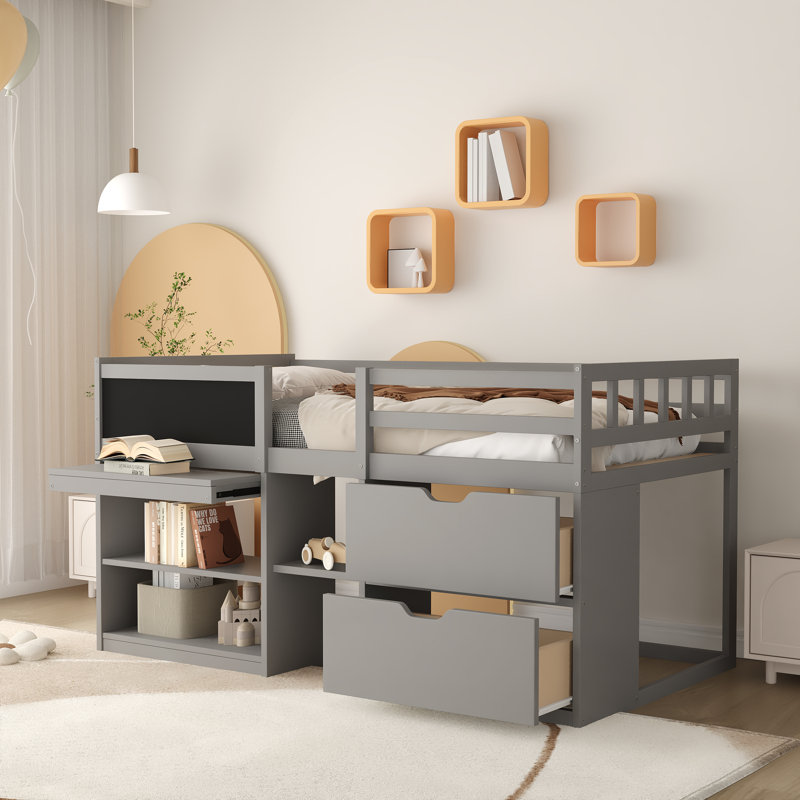 Okane Kids Twin Loft Bed with Drawers, Gray