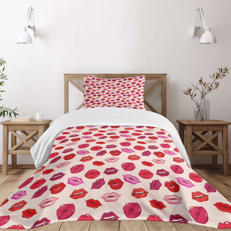 Ambesonne Ambesonne Kiss Bedspread Set Vivid Colored Lips Glamour Pale Rose and Multicolor
