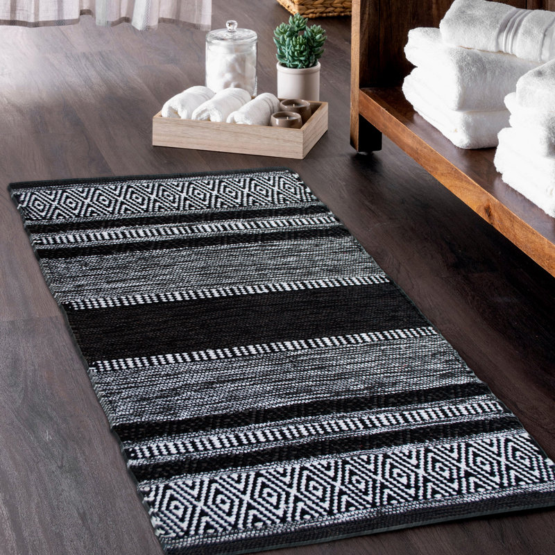 Stewartville Geometric Hand-Woven Flatweave Cotton Bath Rug, 2' x 6', Black