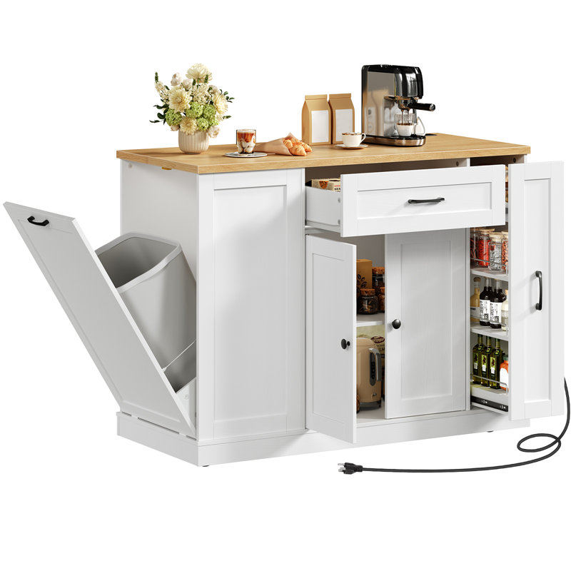 Îlot de cuisine avec prise de courant, armoire à déchets et support à épices, chariot de cuisine mobile avec 5 roulettes, tablette réglable et tiroir de rangement