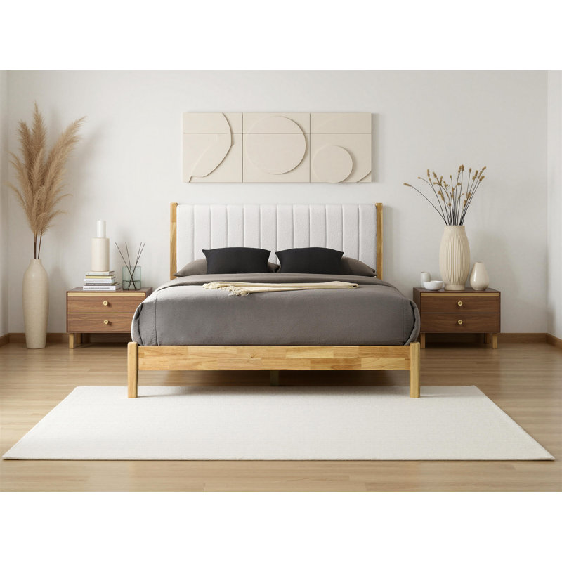 Eliza Solid Wood Boucle Upholstered Headboard Bed Frame - Queen Size, Natural/Cream White Boucle
