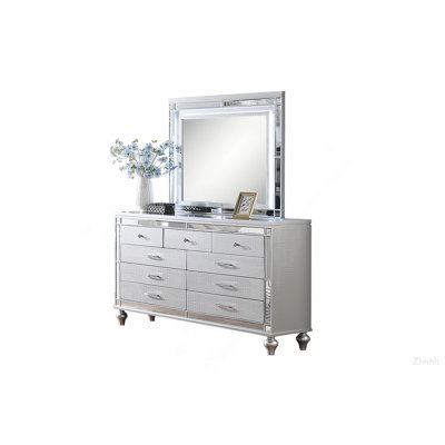 Glam Style 1pc Dresser Snake Skin Design Glass Panel Gourd Legs Silver Finish Bedroom Furniture
